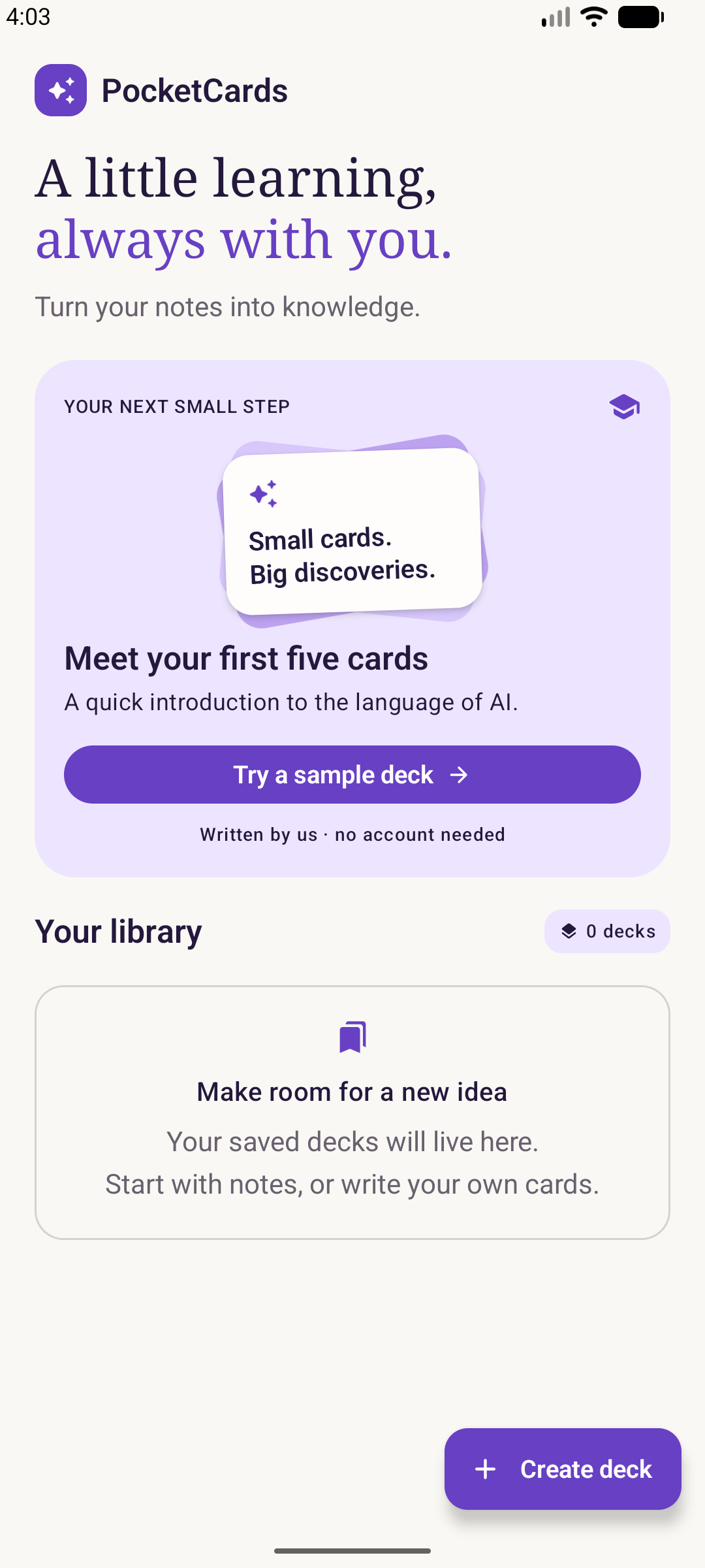 PocketCards home screen with a sample deck and personal library