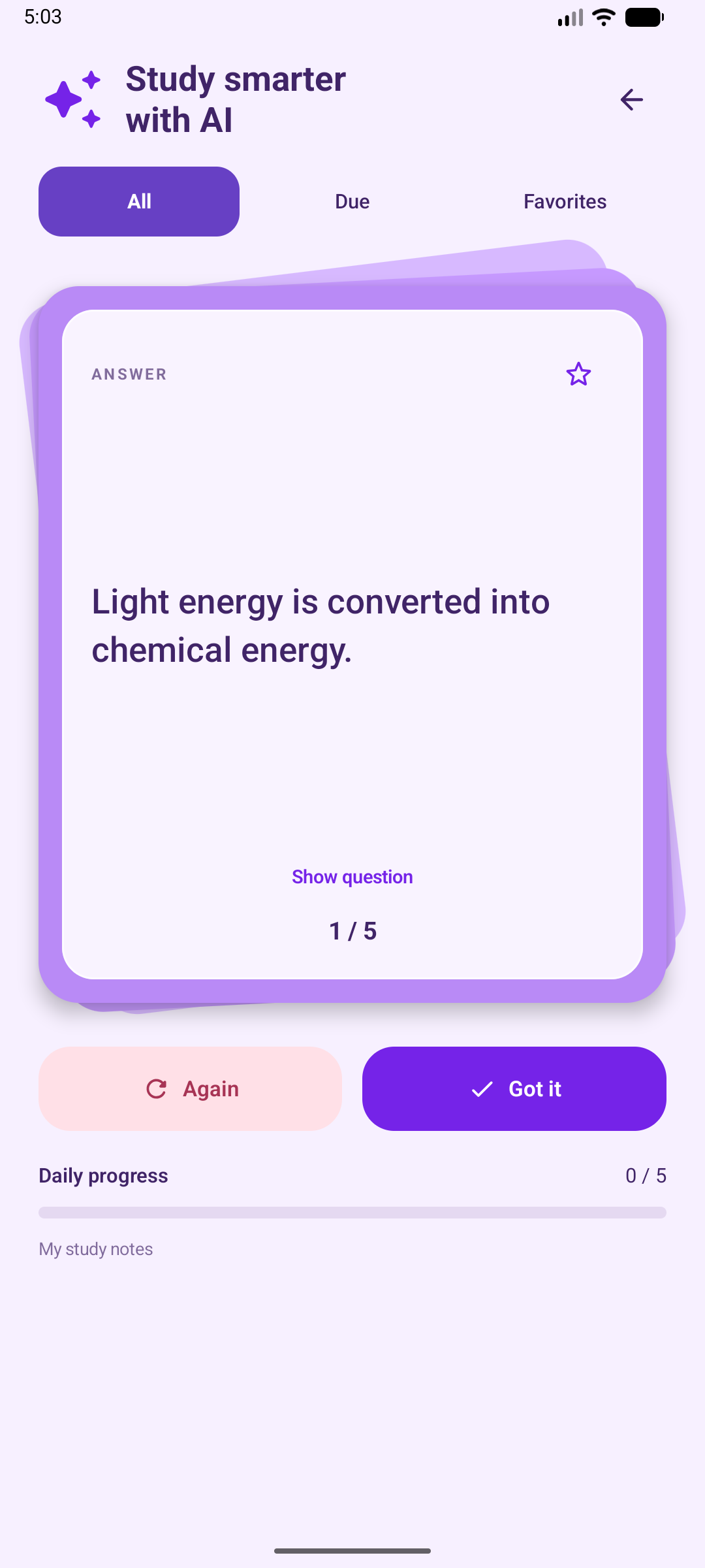 PocketCards light theme with layered flashcards and daily progress