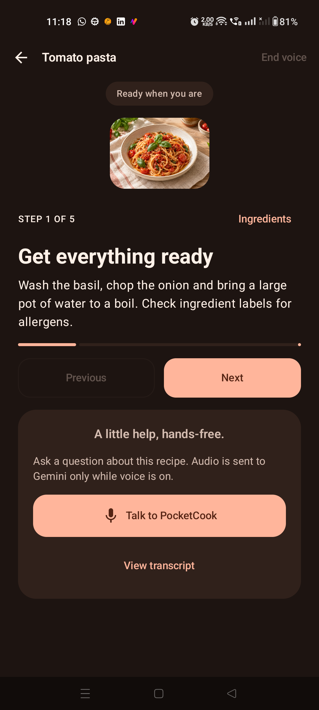 PocketCook cooking step with manual controls and voice idle
