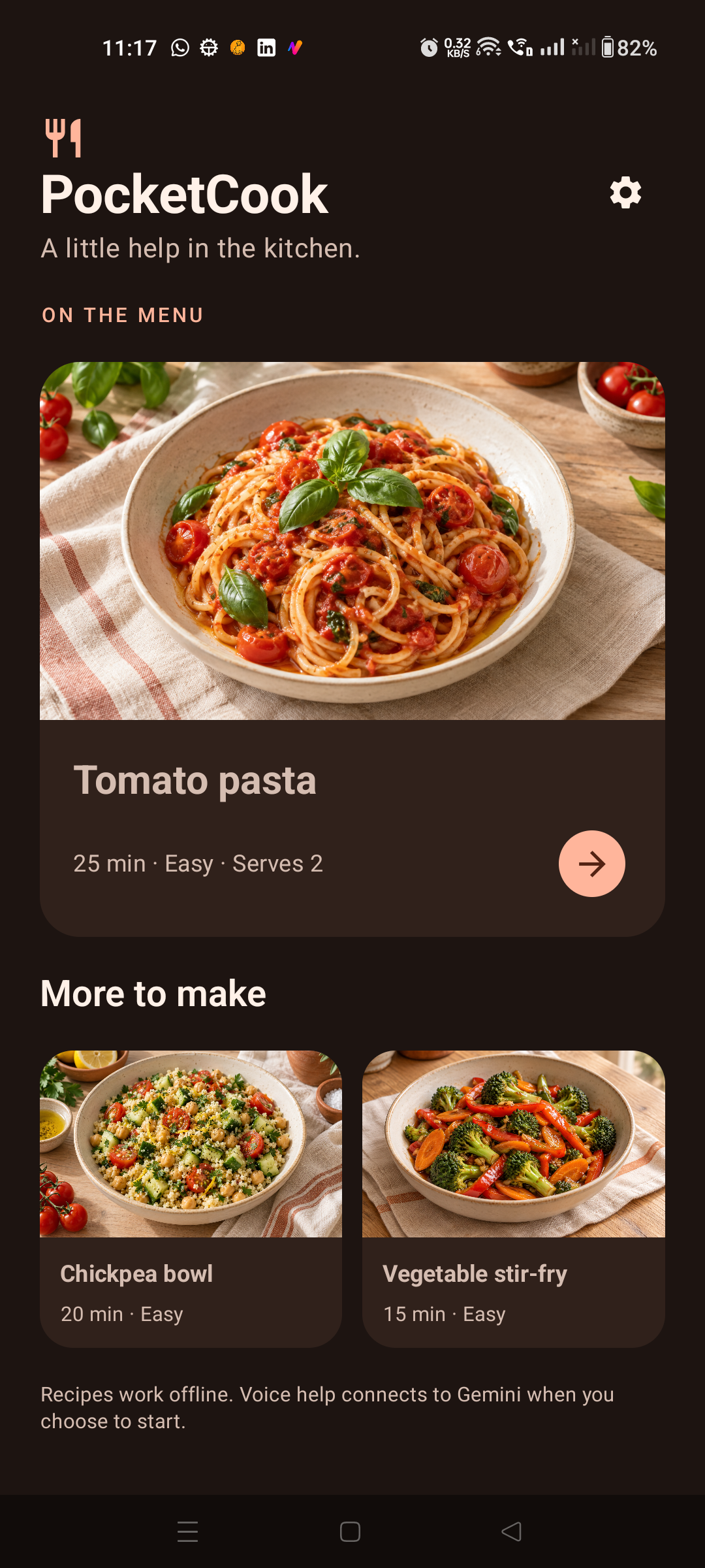 PocketCook recipe library in dark mode on a physical phone